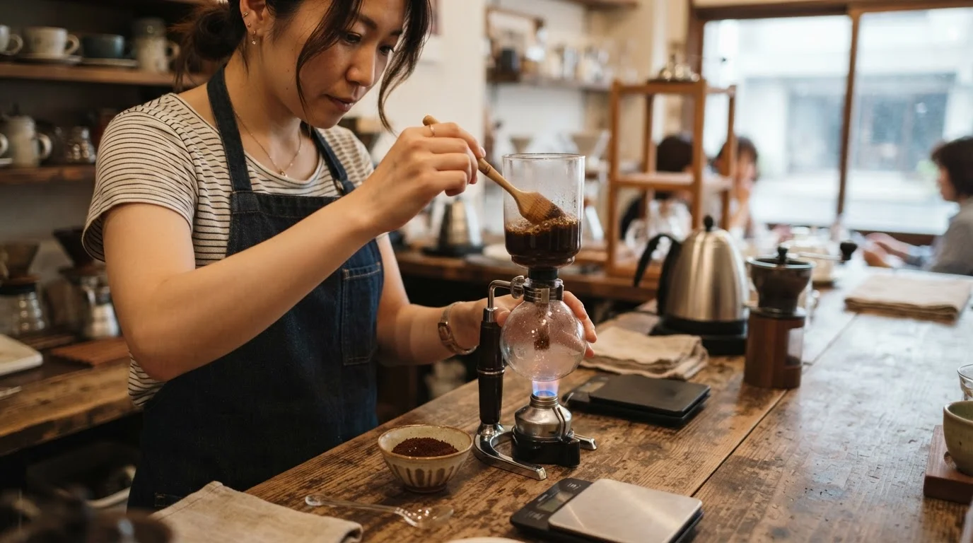 透明なサイフォン器具でコーヒーを抽出する手元と立ち上る湯気