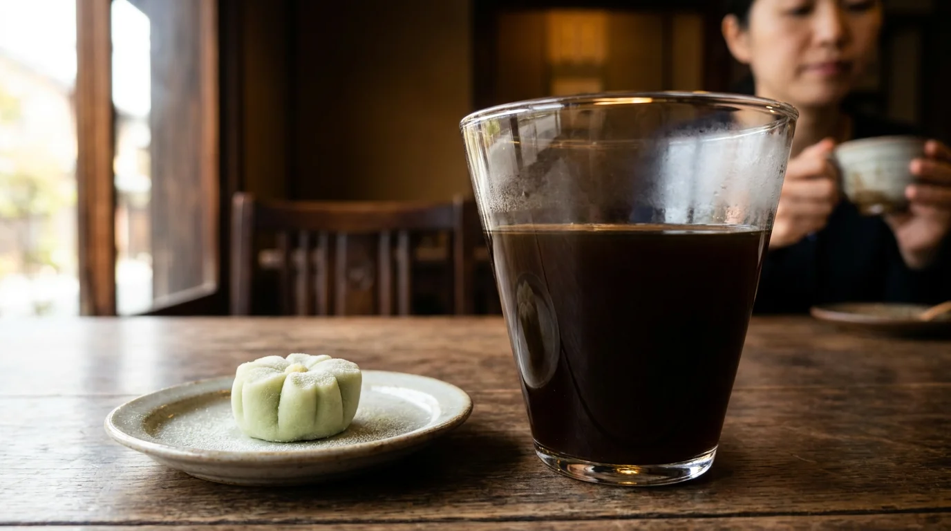 白いカップのコーヒーと小さな焼き菓子を木のテーブルに並べたクローズアップ