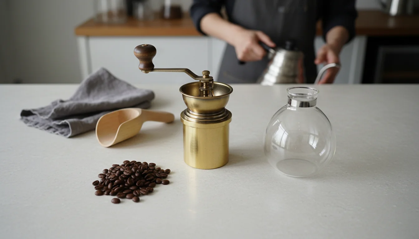 焙煎機のそばに並べたコーヒー豆と抽出器具の手元